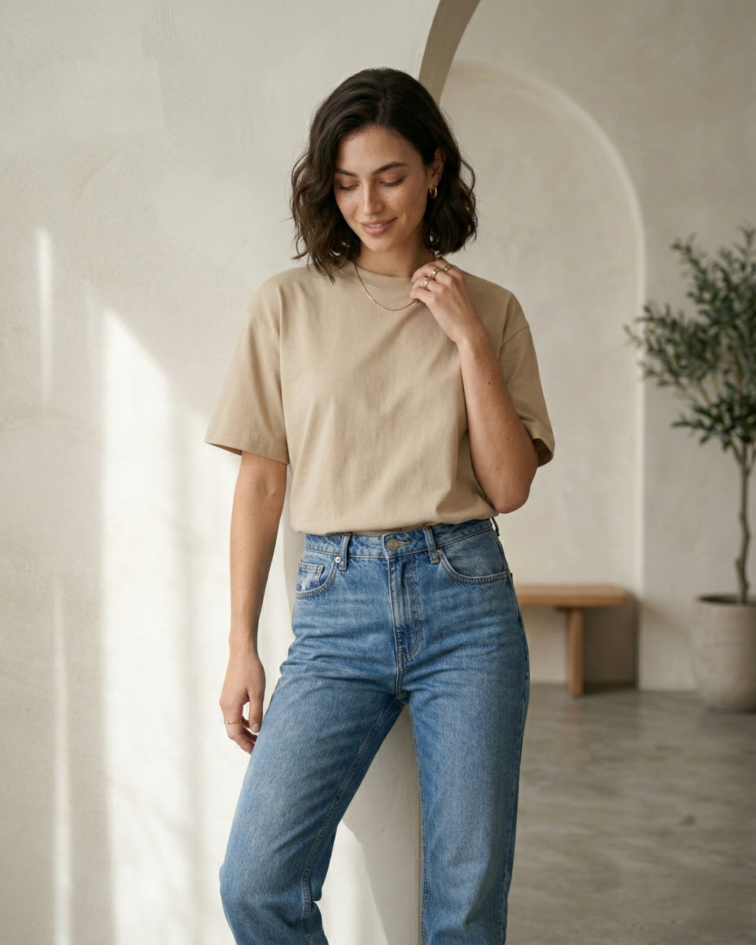 Oversized Cotton Solid T-shirt - Beige