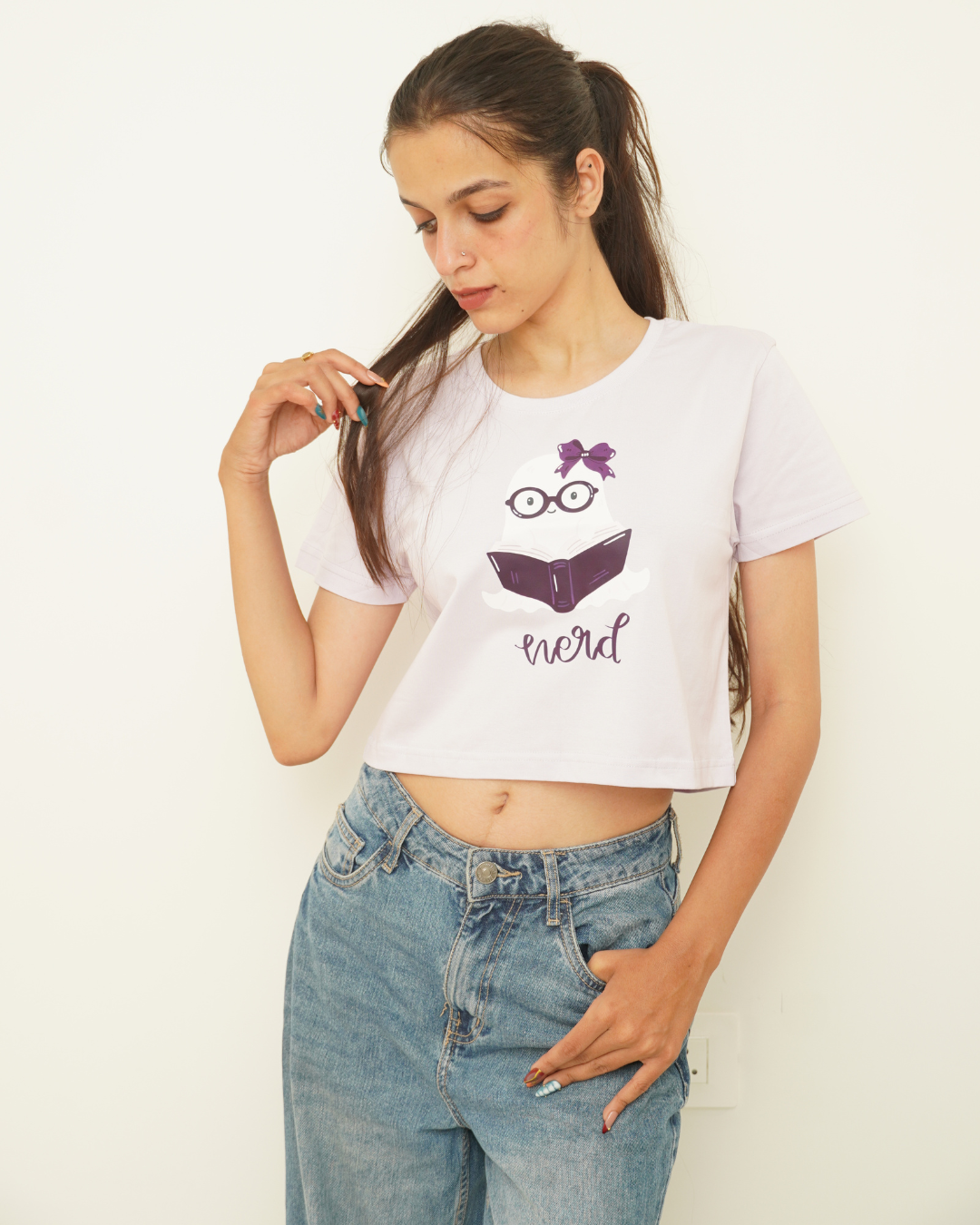 Regular Fit Graphic Lavender Cotton Crop Top