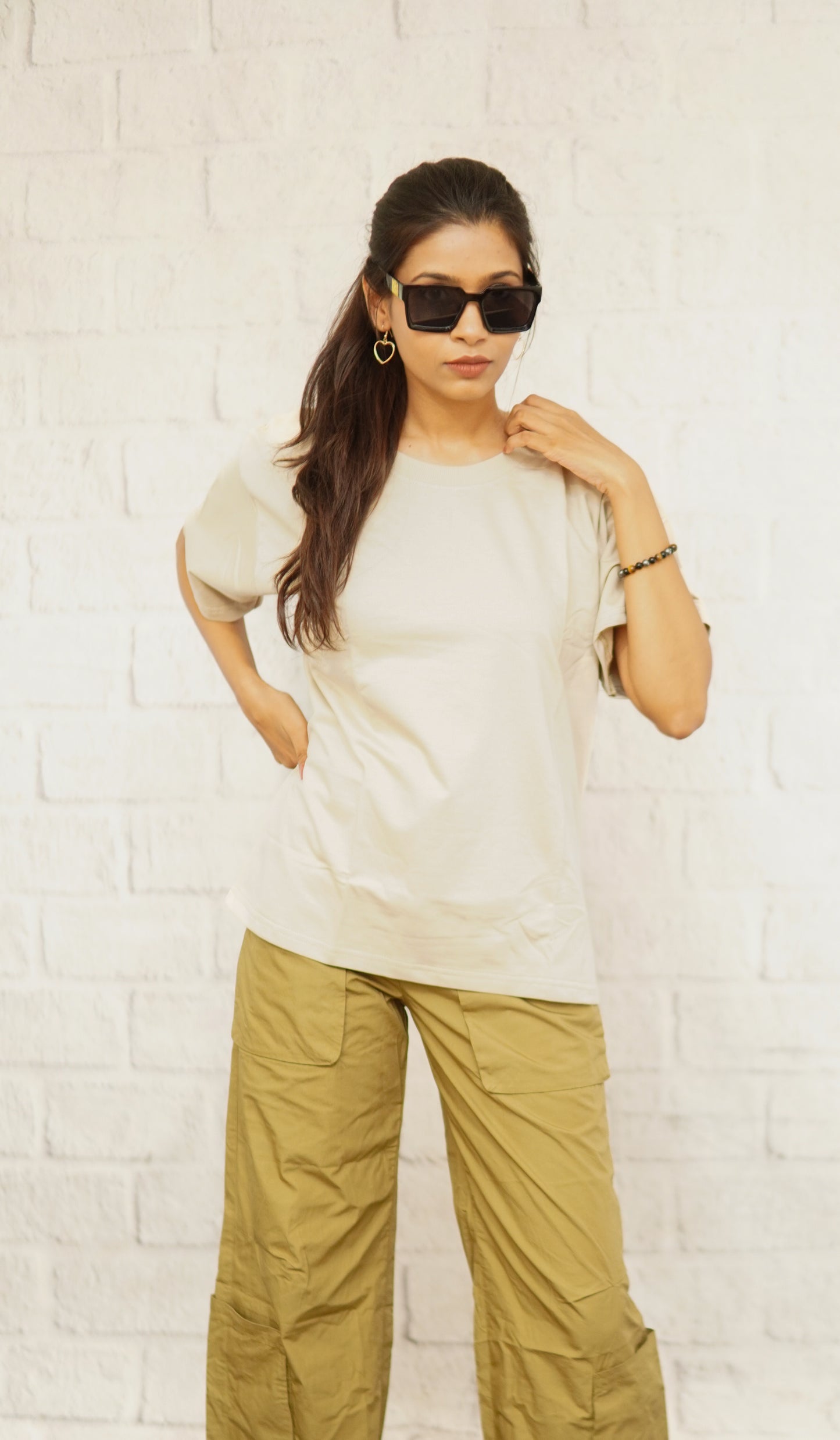 OVERSIZED COTTON BEIGE SOLID T-SHIRT