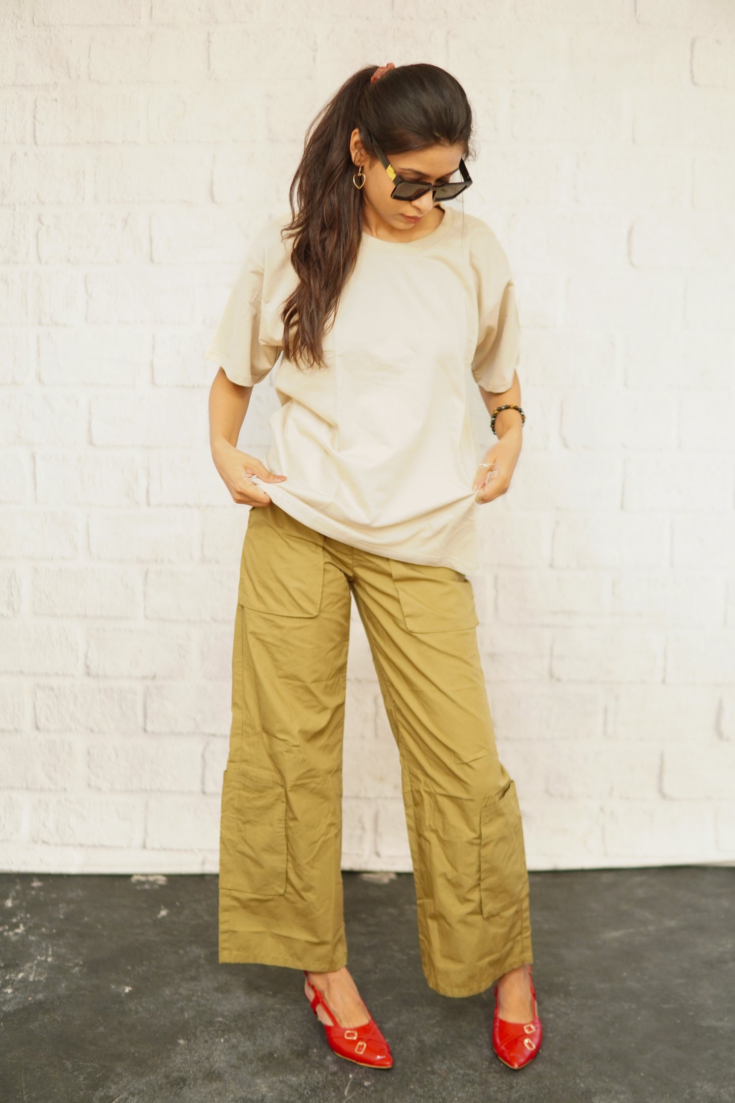 OVERSIZED COTTON BEIGE SOLID T-SHIRT