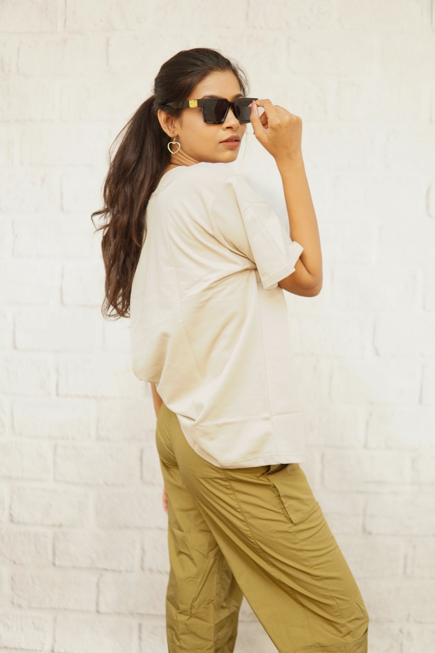 OVERSIZED COTTON BEIGE SOLID T-SHIRT