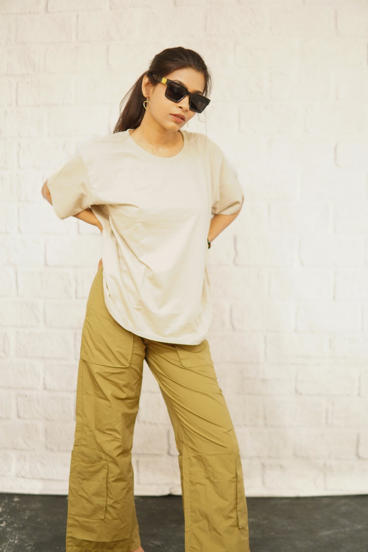 OVERSIZED COTTON BEIGE SOLID T-SHIRT