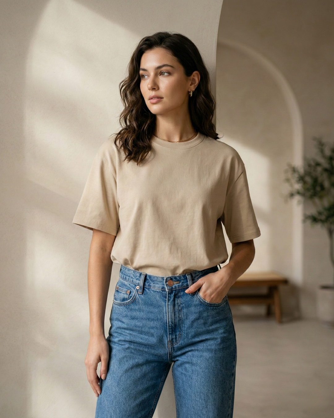 Oversized Cotton Solid T-shirt - Beige