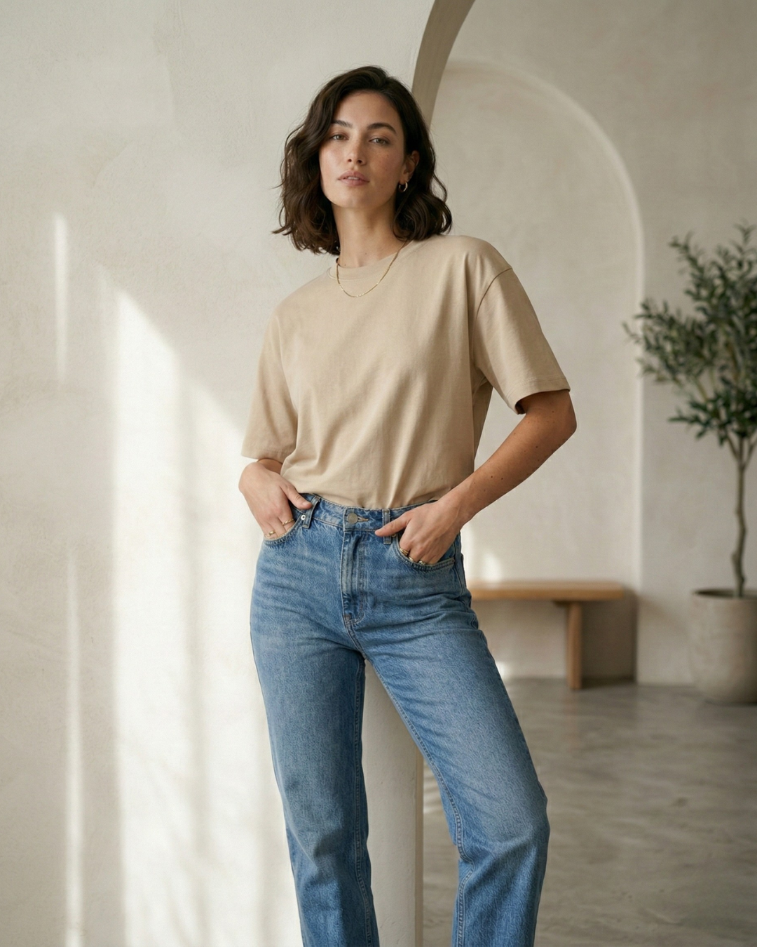 Oversized Cotton Solid T-shirt - Beige