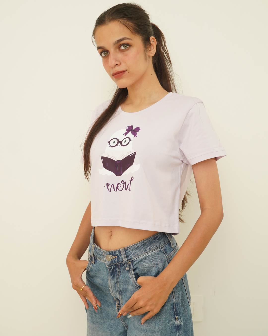Regular Fit Graphic Lavender Cotton Crop Top