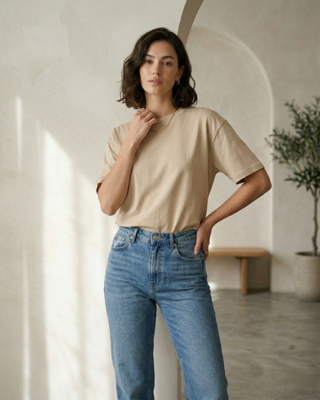 Oversized Cotton Solid T-shirt - Beige