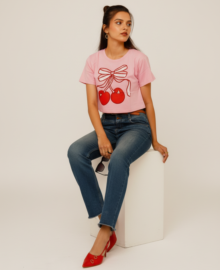 CHERRY PRINTED COTTON CROP-TOP