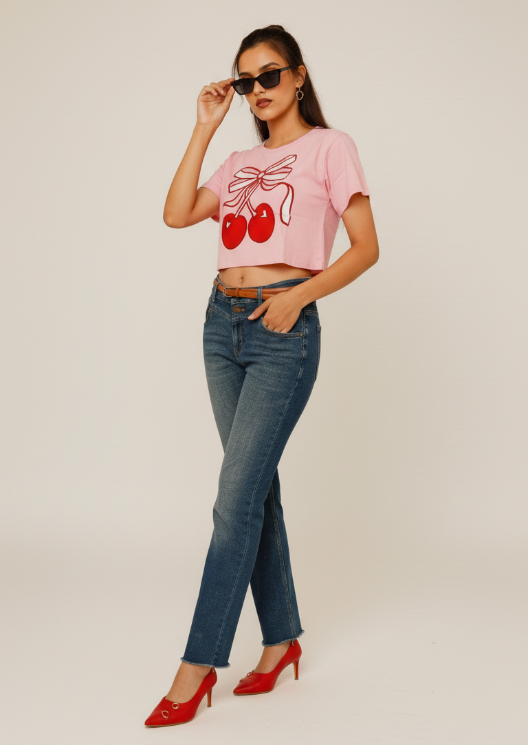 CHERRY PRINTED COTTON CROP-TOP