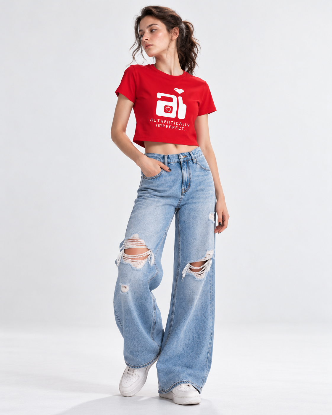 Regular Fit AI Graphic Red Cotton Crop Top