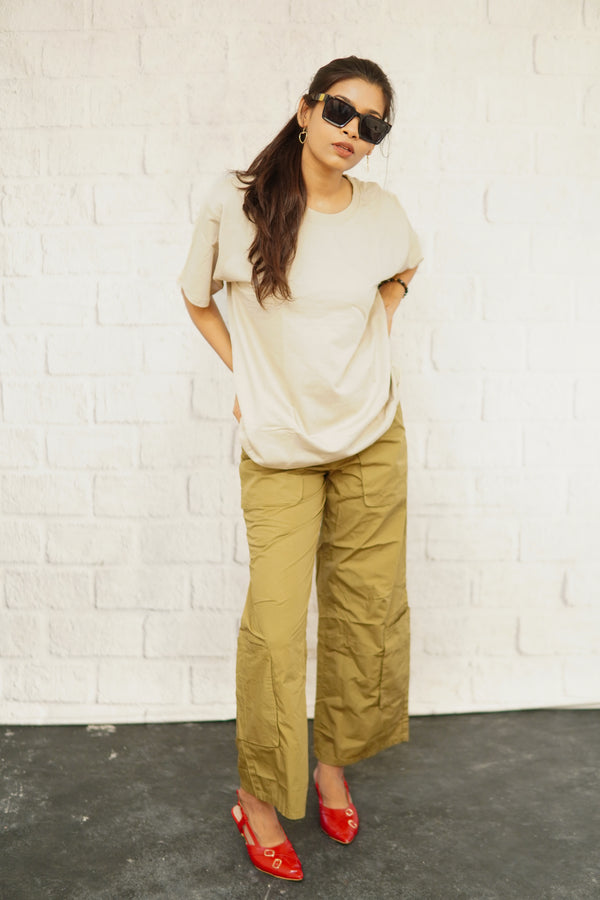 OVERSIZED COTTON BEIGE SOLID T-SHIRT