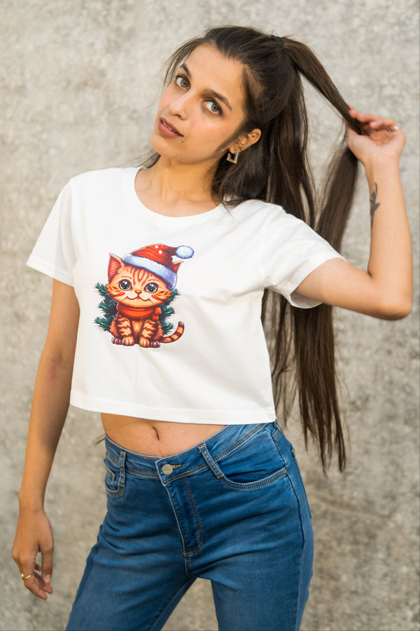 CHRISTMAS KITTY PRINTED COTTON CROP-TOP