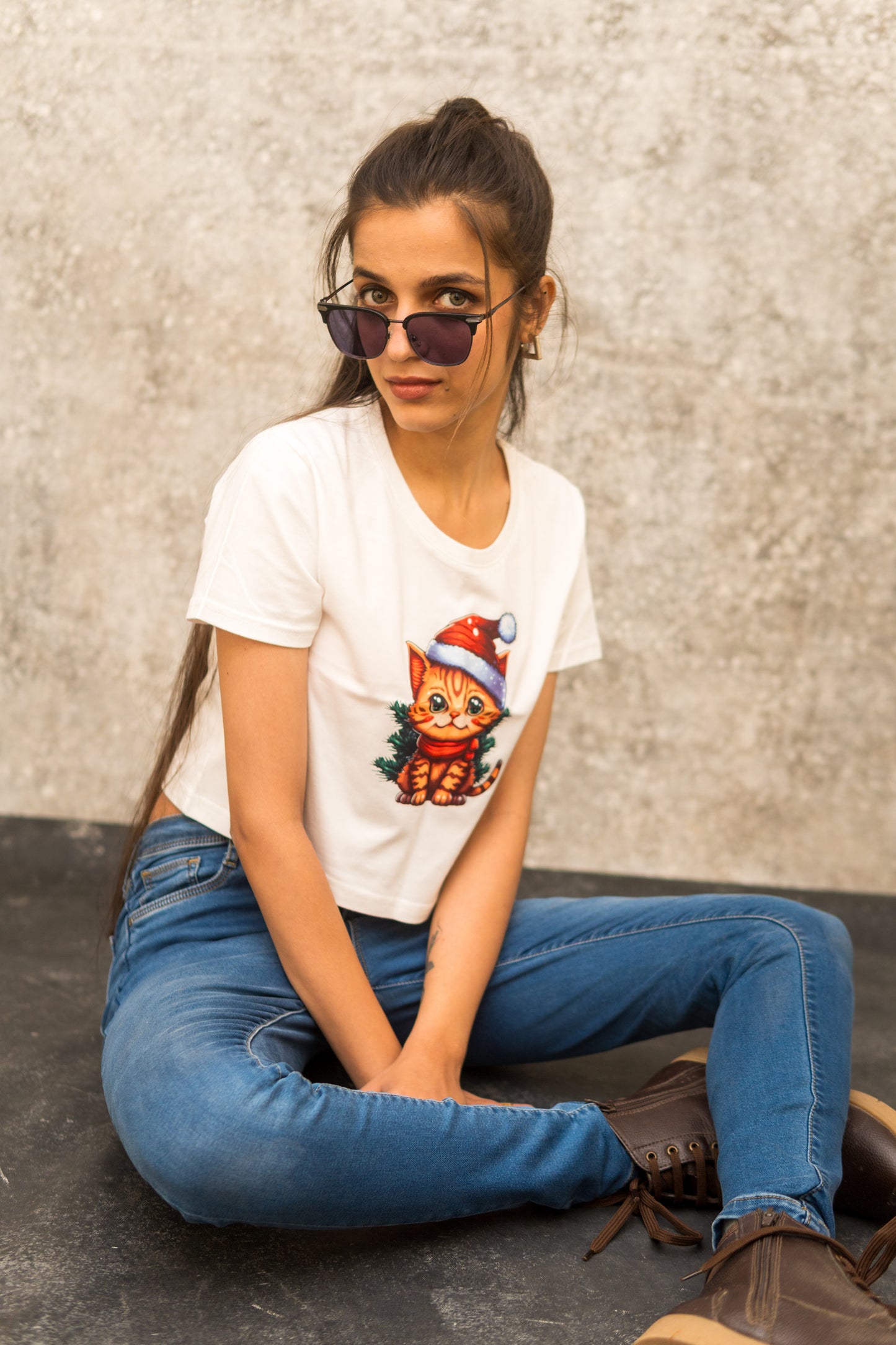 CHRISTMAS KITTY PRINTED COTTON CROP-TOP
