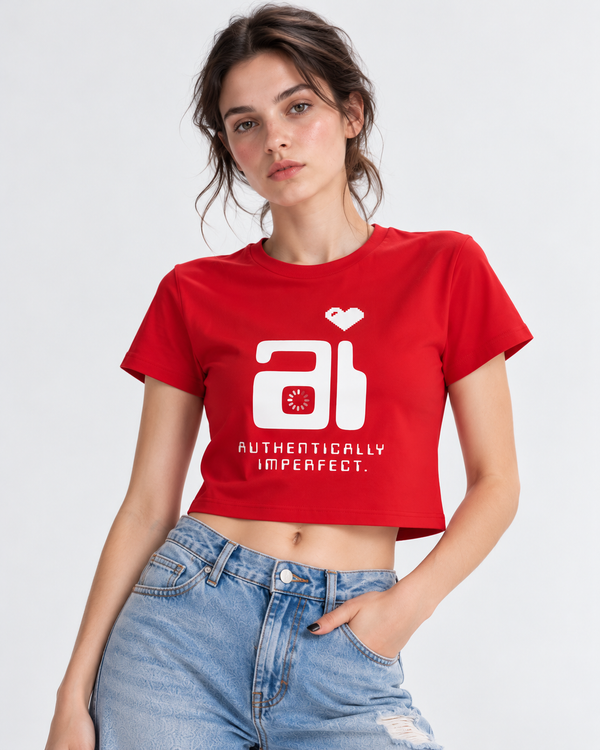 Regular Fit AI Graphic Red Cotton Crop Top