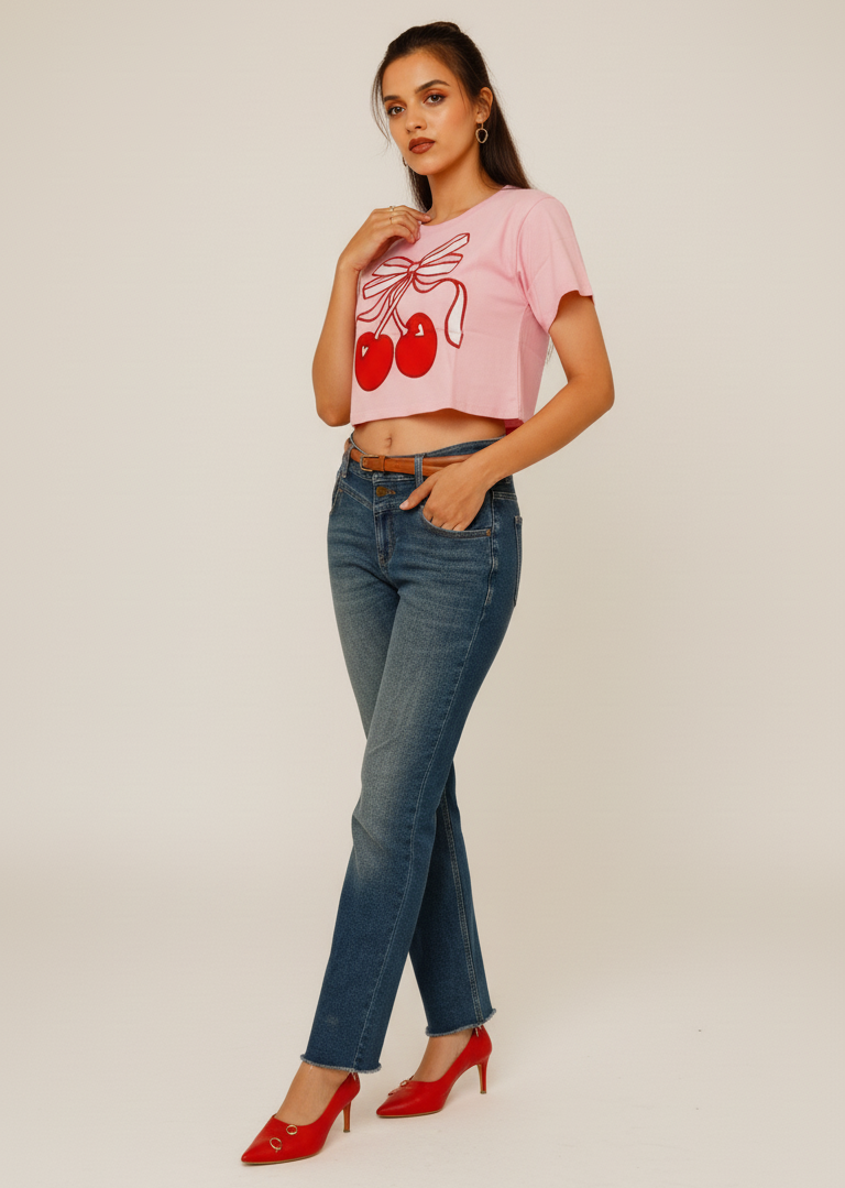 CHERRY PRINTED COTTON CROP-TOP