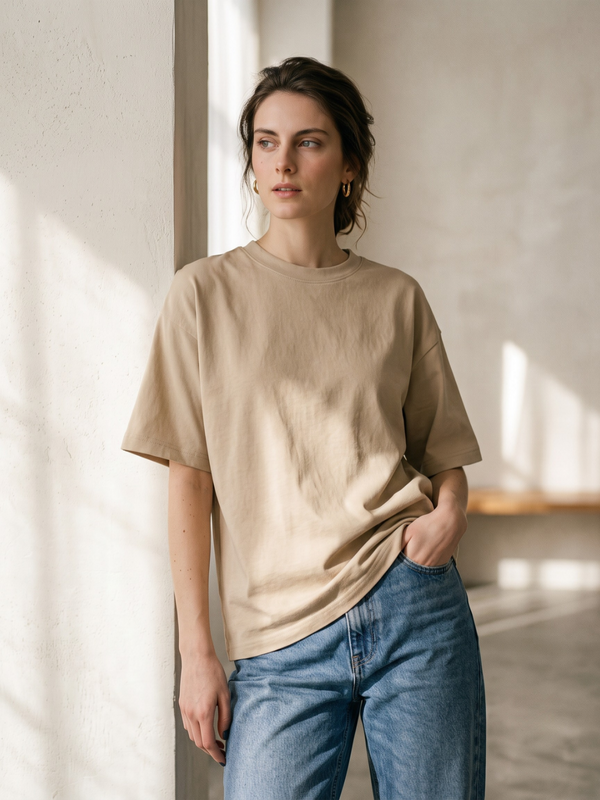 Oversized Cotton Solid T-shirt - Beige