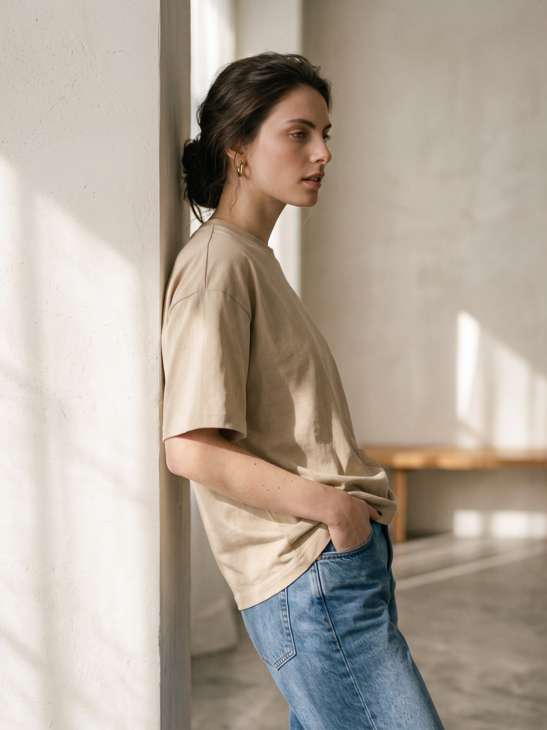 Oversized Cotton Solid T-shirt - Beige