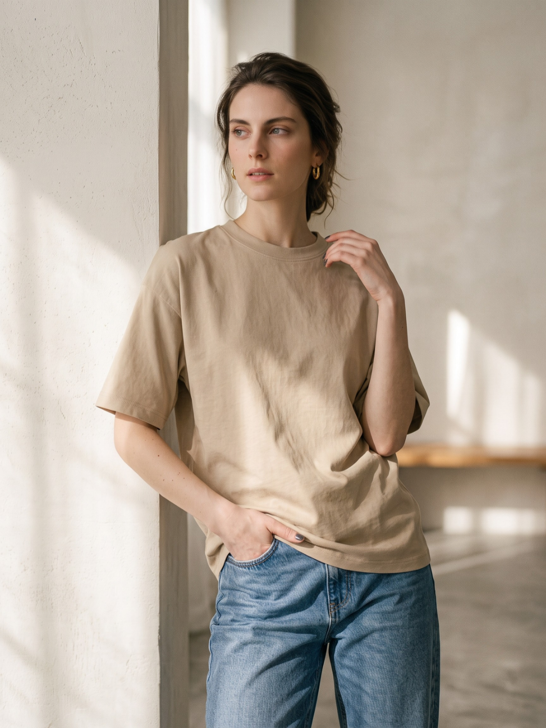 Oversized Cotton Solid T-shirt - Beige