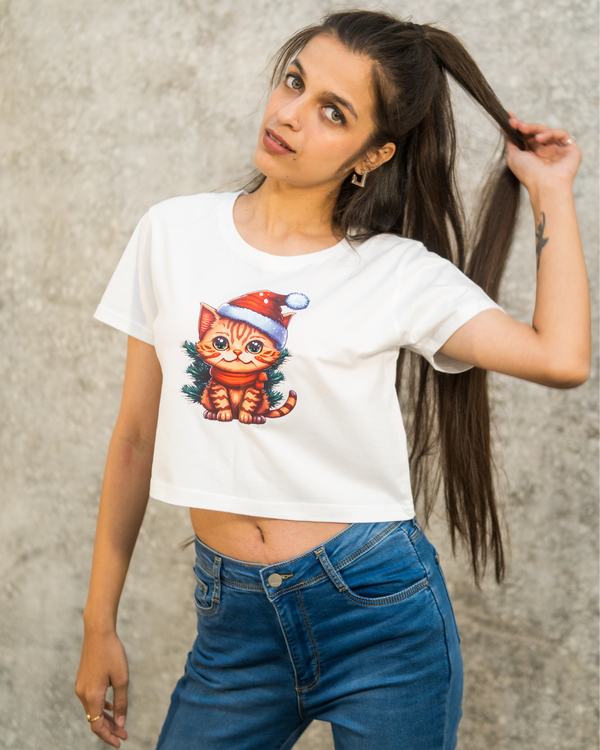 Christmas Kitty Printed Cotton Crop-Top